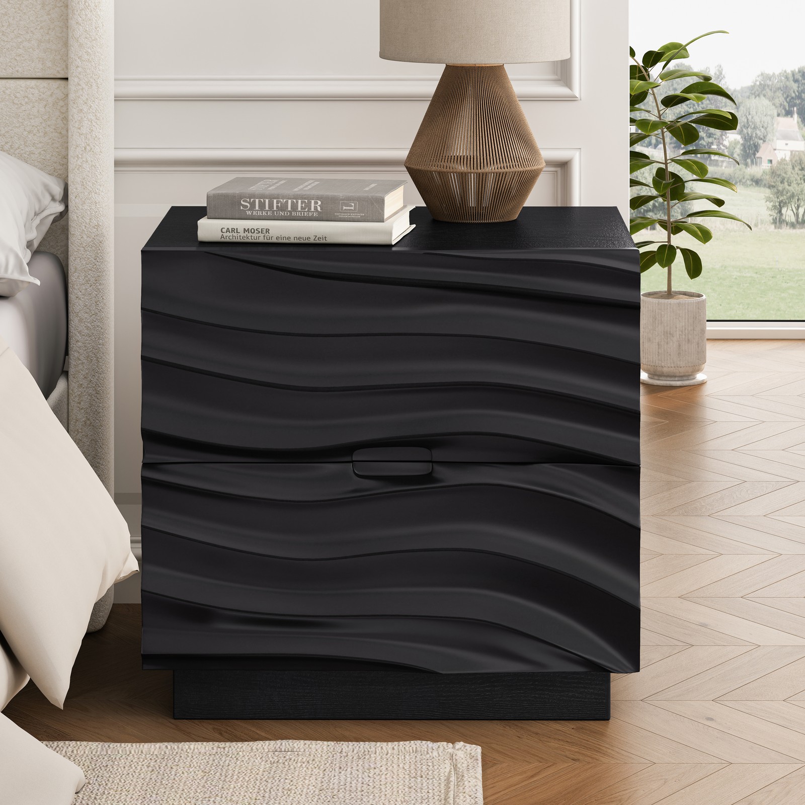Solid Wood Nightstand with 2 Drawers, Black, 23.62″ L x 15.75″ W