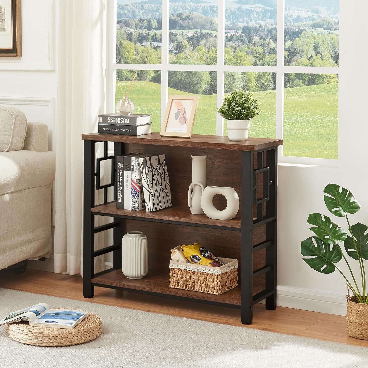 3 Tier Bookshelf Rustic Brown Engineered Wood Metal Storage Bookcase Low
