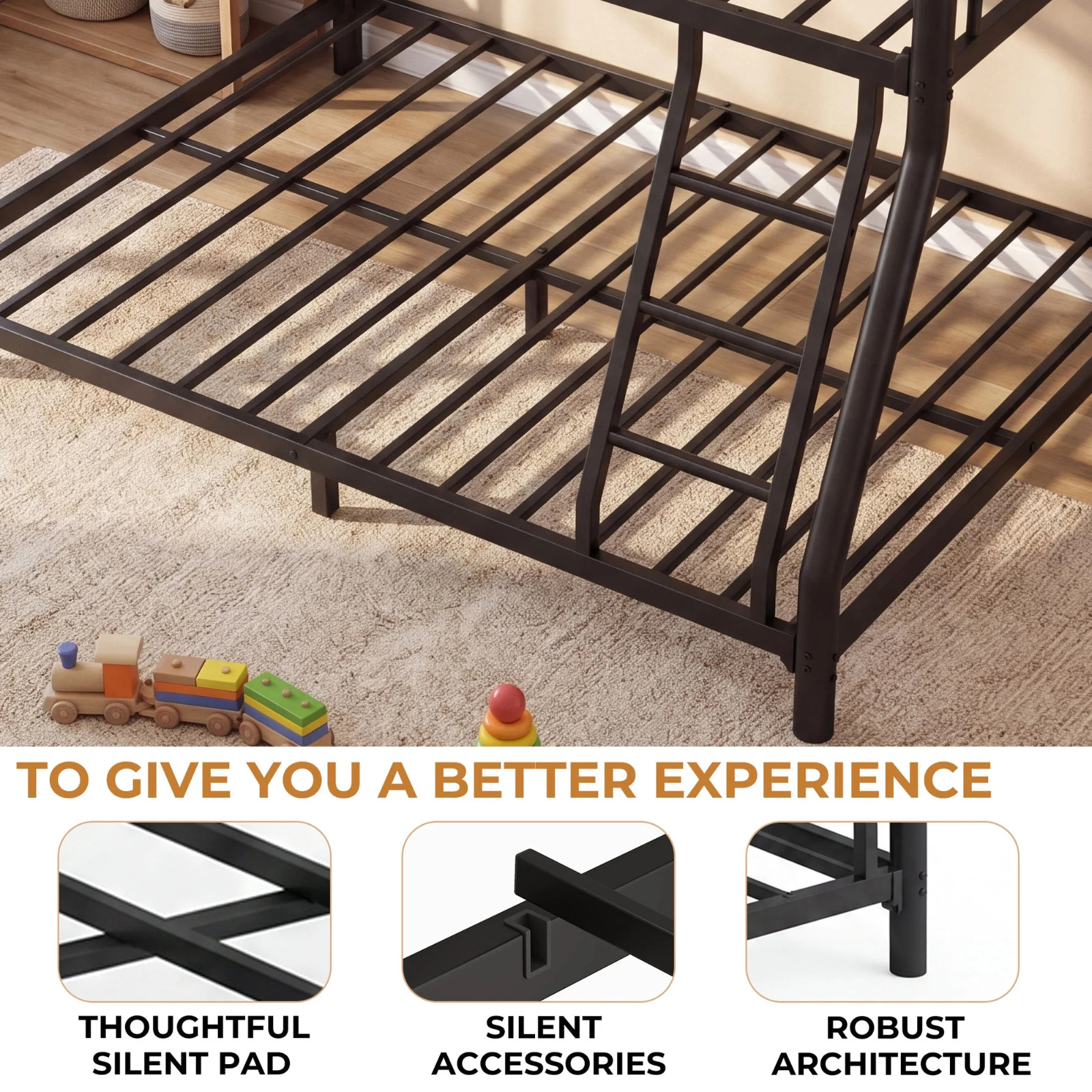 Heavy Duty bunk beds twin over full with stairs Guardrail Underbed Storage Black