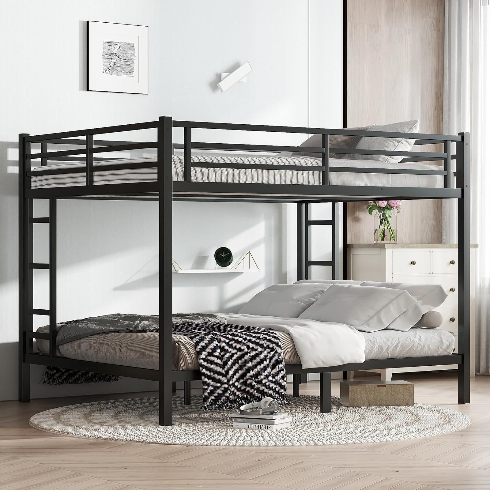 Metal Bunk Bed Queen Over Queen Black Ladder Full Guardrails