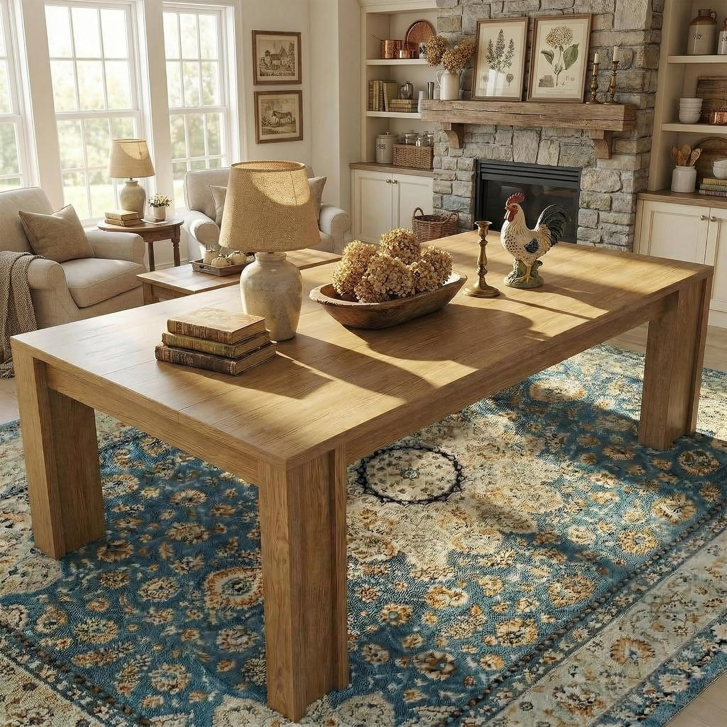 71″ Farmhouse Dining Table for 6-8, Sturdy Wood Kitchen Table, Natural Finish