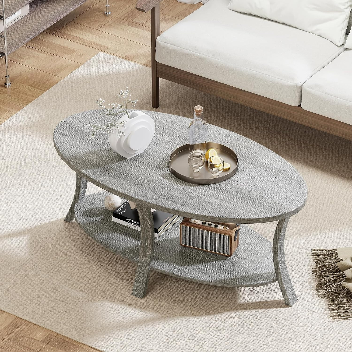 44 Inch Oval Coffee Table, 2-Tier Center Table with Storage Shelf & Rubber Wood
