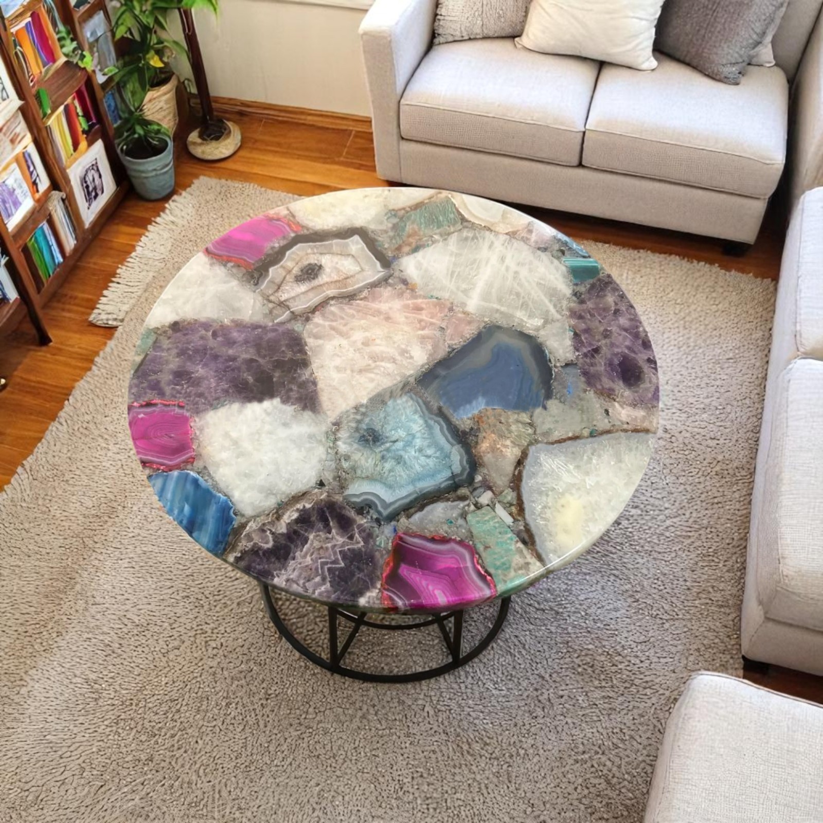 Round Multi Gemstone Agate Coffee Table Top Console Luxury Table for Living Room
