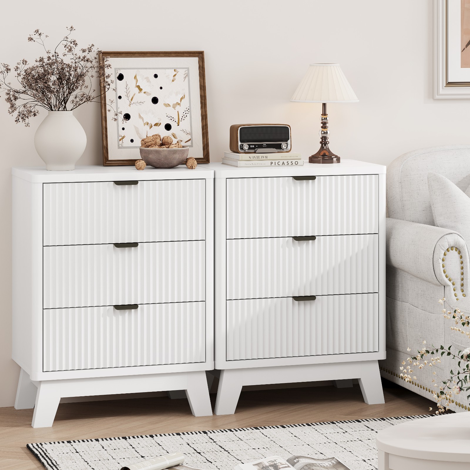 Fluted Nightstand with 3 Storage Drawers, Curved End Table for Bedroom