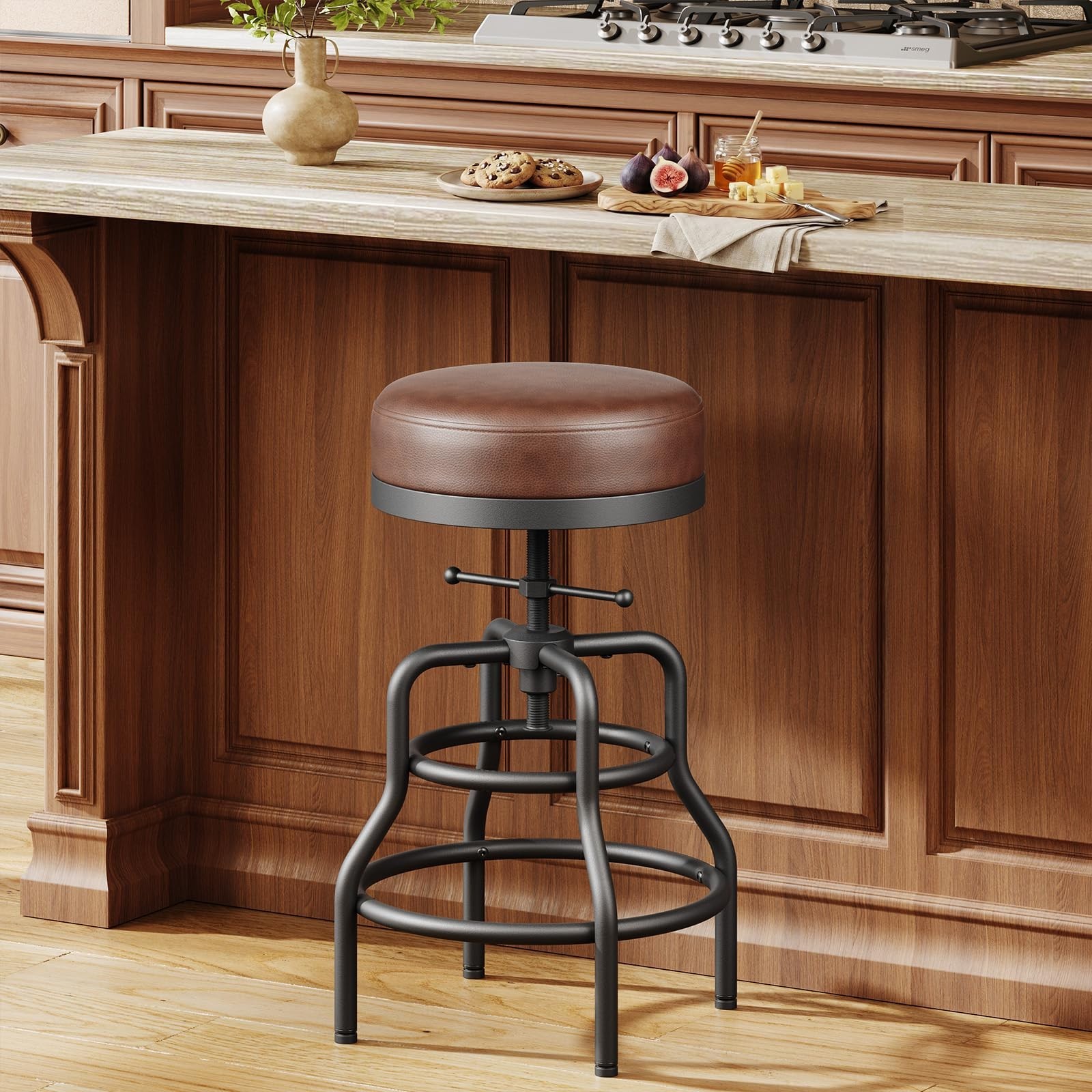 Adjustable Height Industrial Swivel Bar Stool 22-29″ | Vintage Leather Seat, Eas