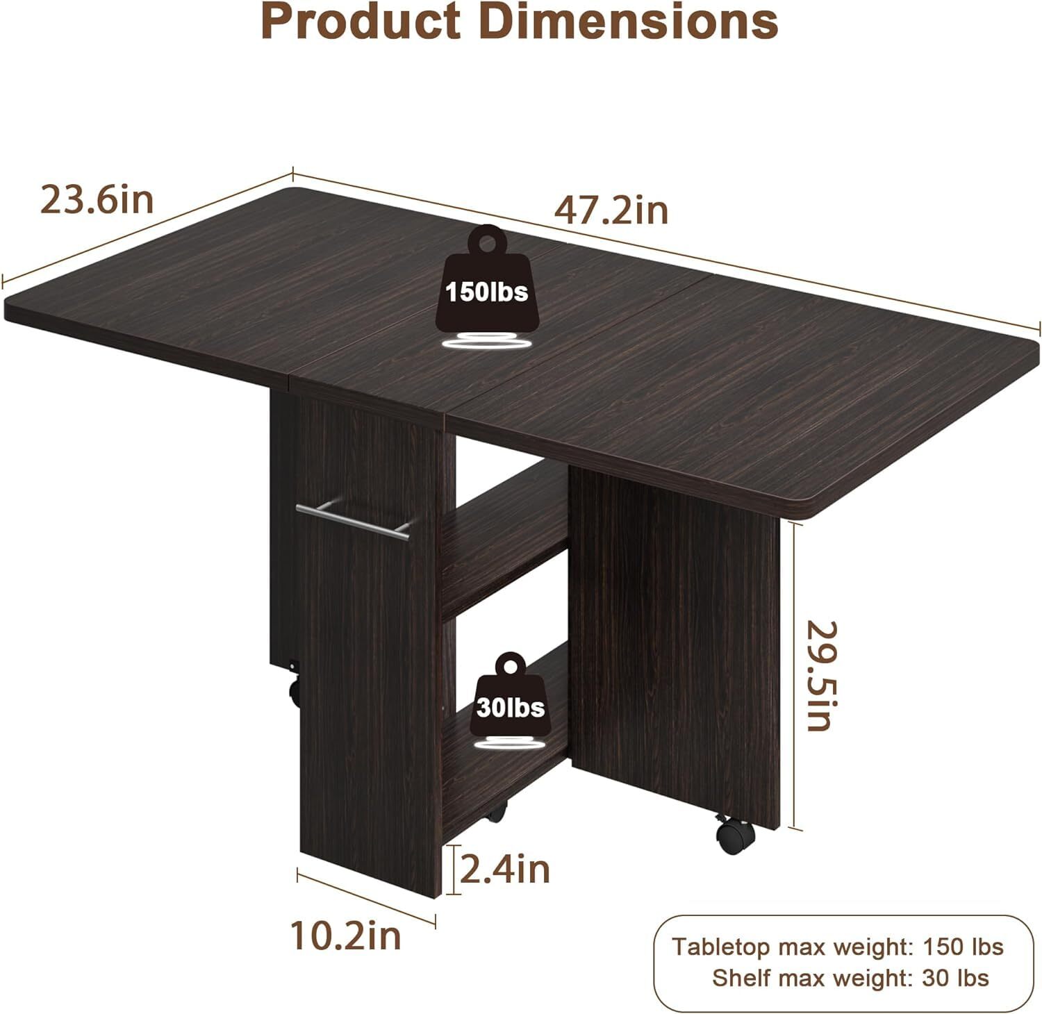 Folding Dining Table with 6 Wheels Storage Racks for Small Kitchen Saving Space