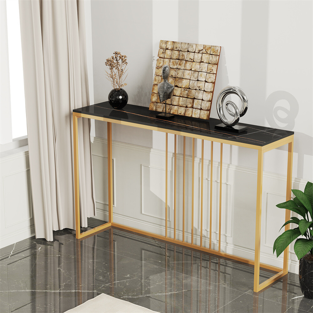 49.2in Extra Long Console Table Marble Entryway Table Gold + Black Accent Table