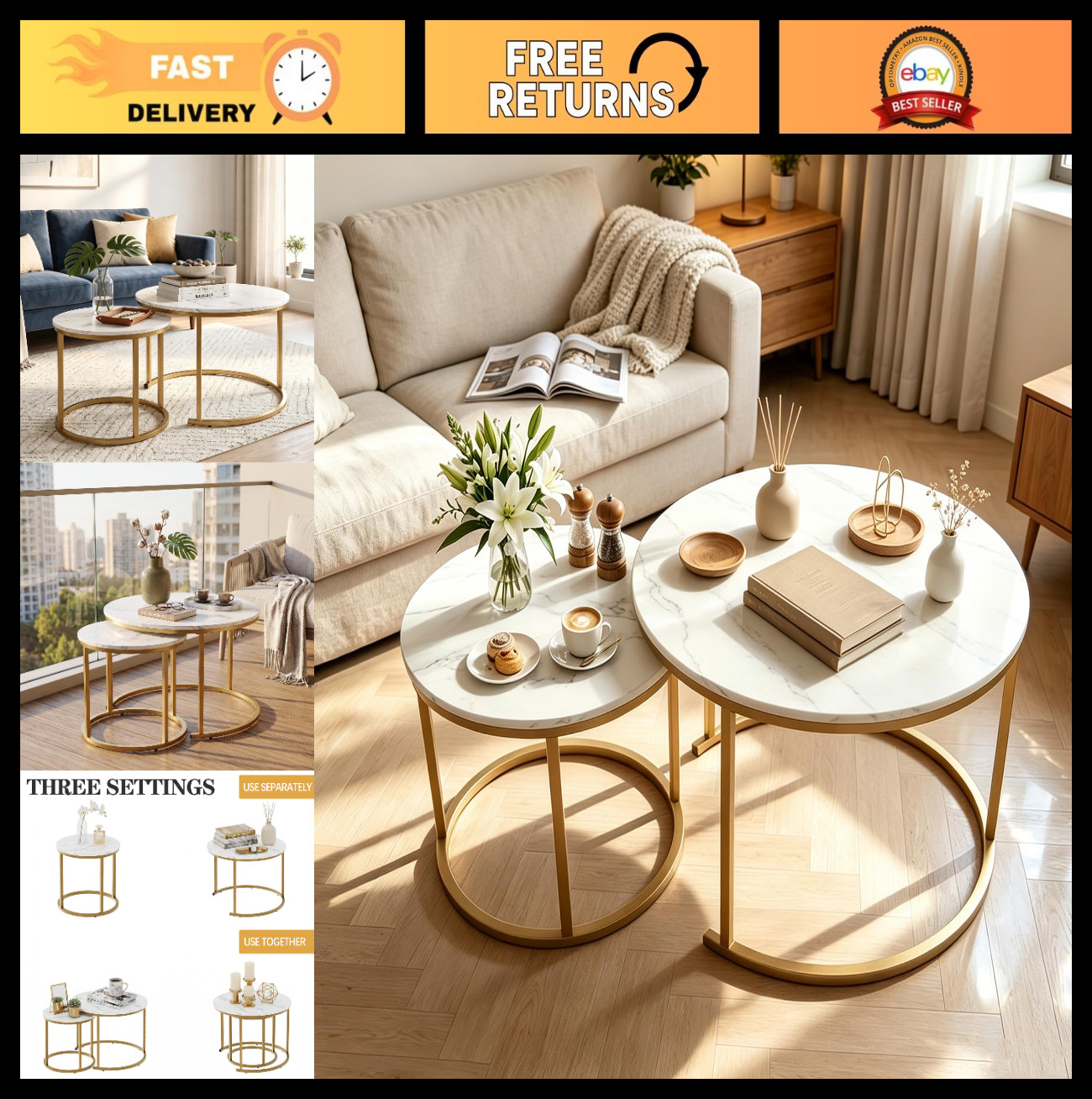 Nesting Round Coffee Table Set – Faux Marble Accent Tables with Gold Frame for L