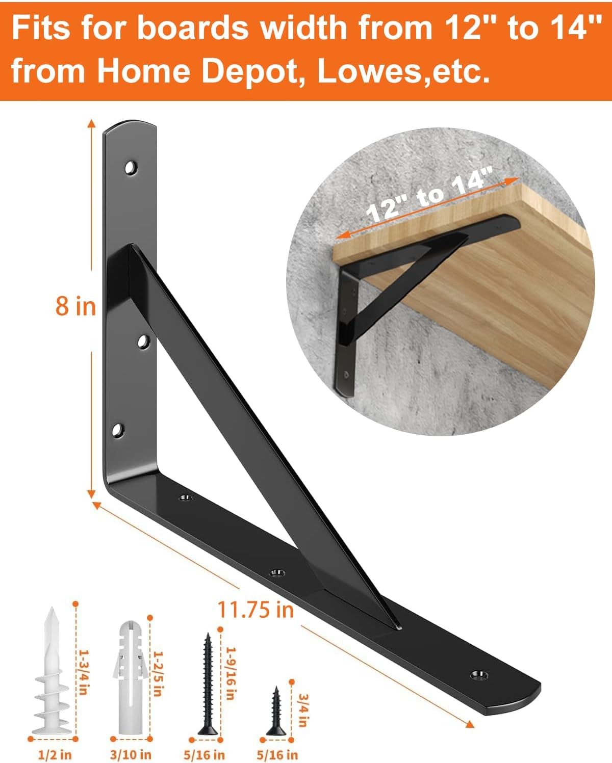 NEW 12 Inch Heavy Duty Shelf Bracket Black 90 Degree Wall Brackets 12-Pack