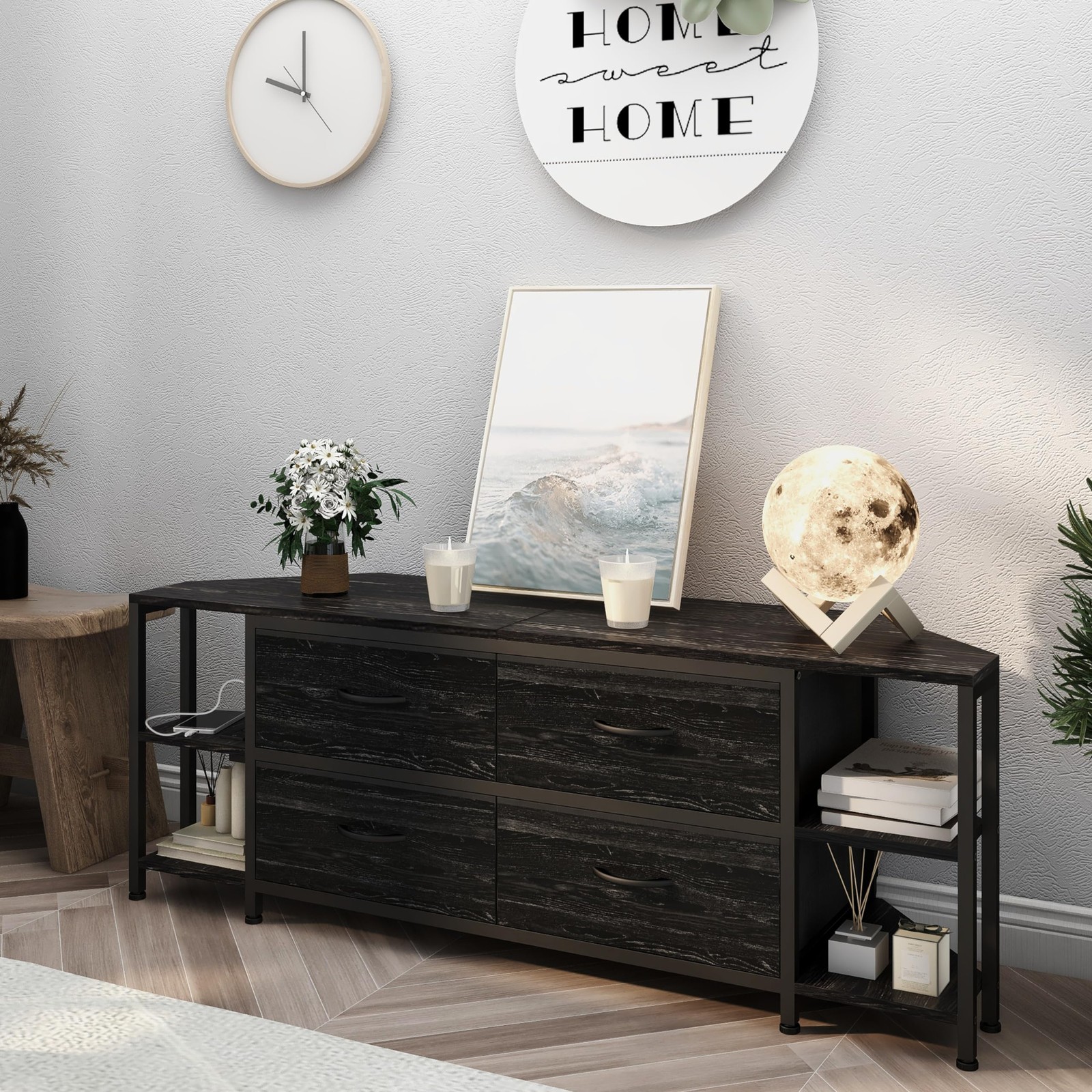 EXOTICA Corner TV Stand with Power Outlet for TVs up to 65 Inch Black Corner Ent