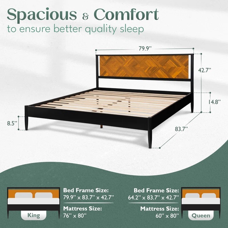 King Mid Century Modern Acacia Wood Platform Bed Frame Chevron Headboard 800lb