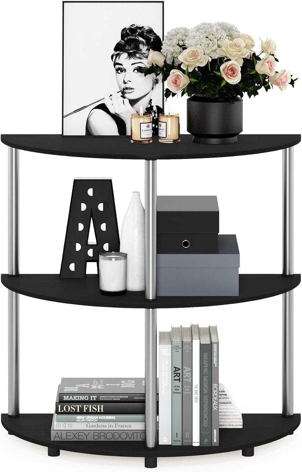 Frans Turn-N Half Round Console Table W/ Stainless Steel Tubes Black Oak 15.6D x