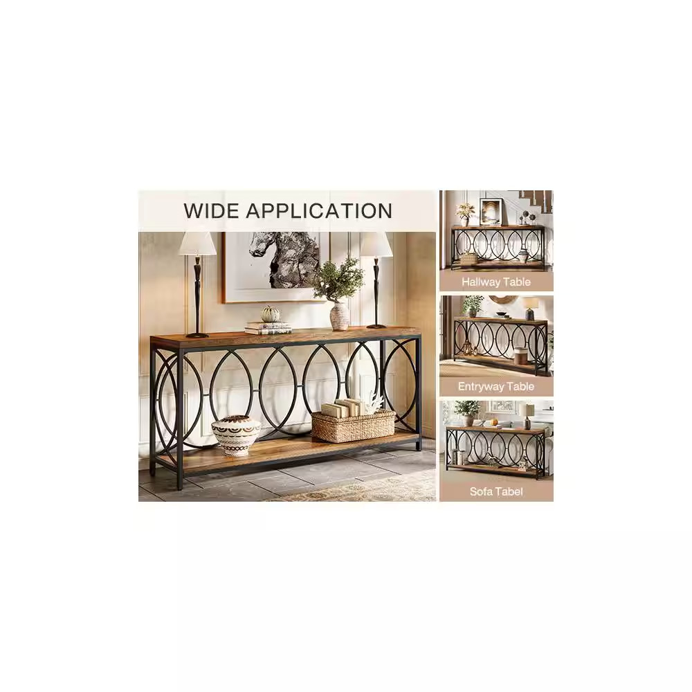 Turrella 70.9 In. Brown and Black Entryway Table, Industrial Rectangle Wood Cons
