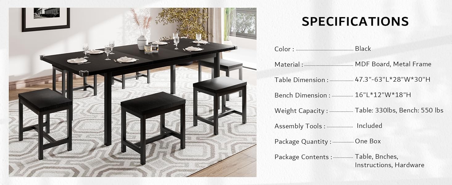 7-Piece Extendable Dining Table Set with 6 Stools, 63″ Kitchen Table Set for