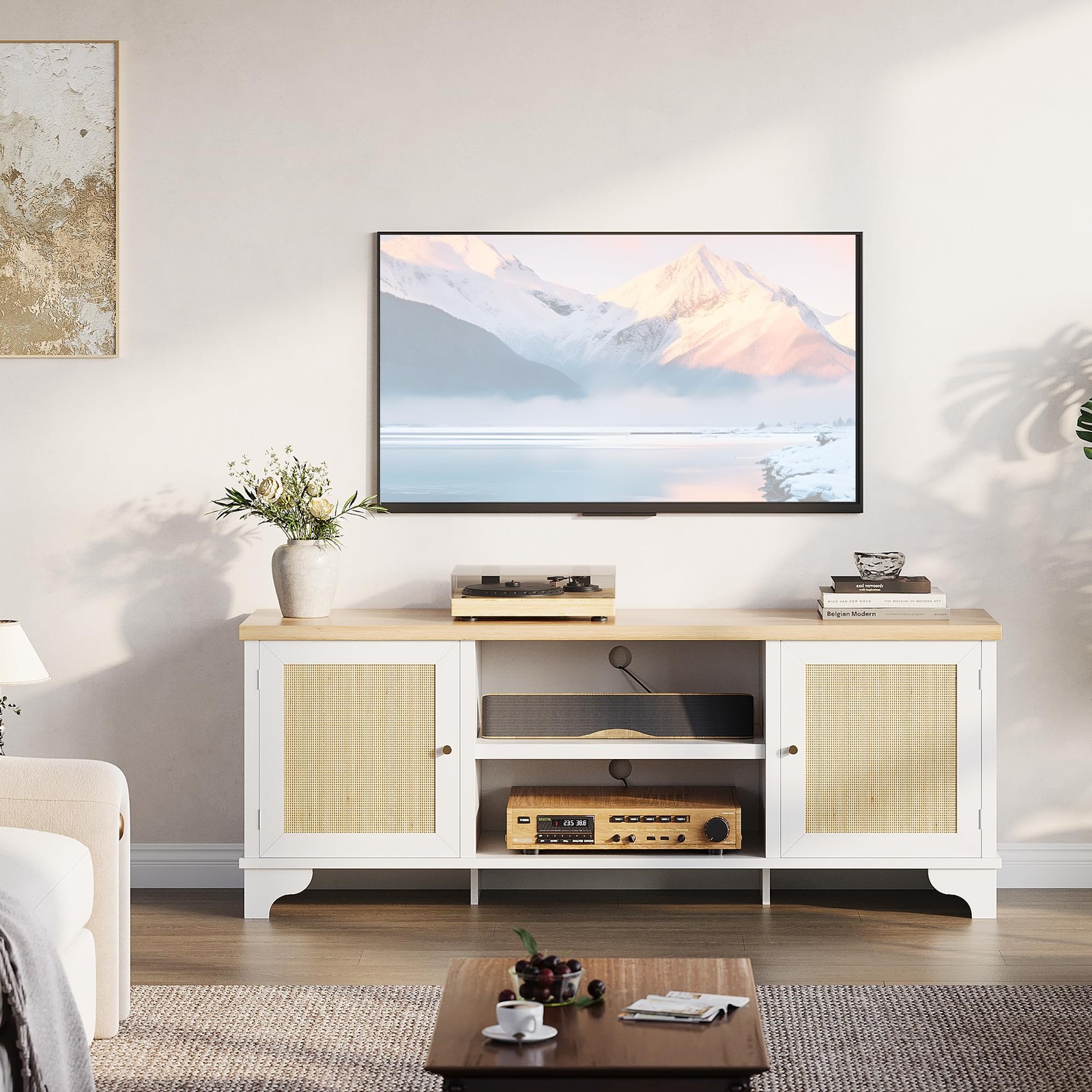 62in Rattan TV Stand Mid Century Modern 2 Door 2 Shelf Wooden White Natural