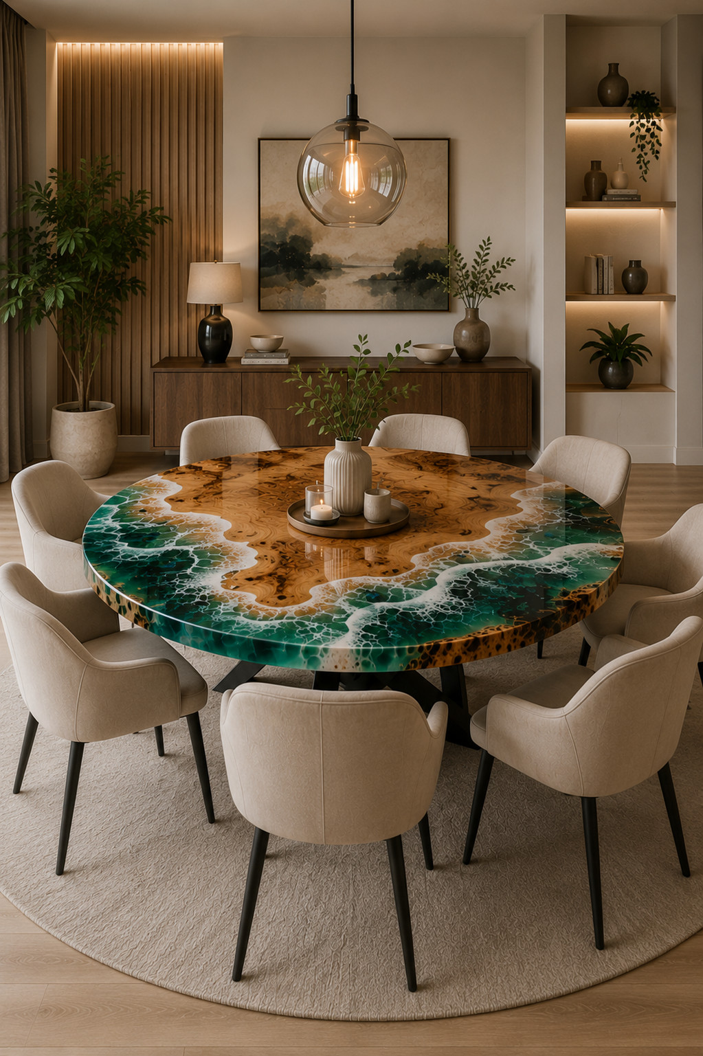 Handmade Round Live Edge Olive Wood Emerald Green Epoxy Ocean Dining Table 18X18