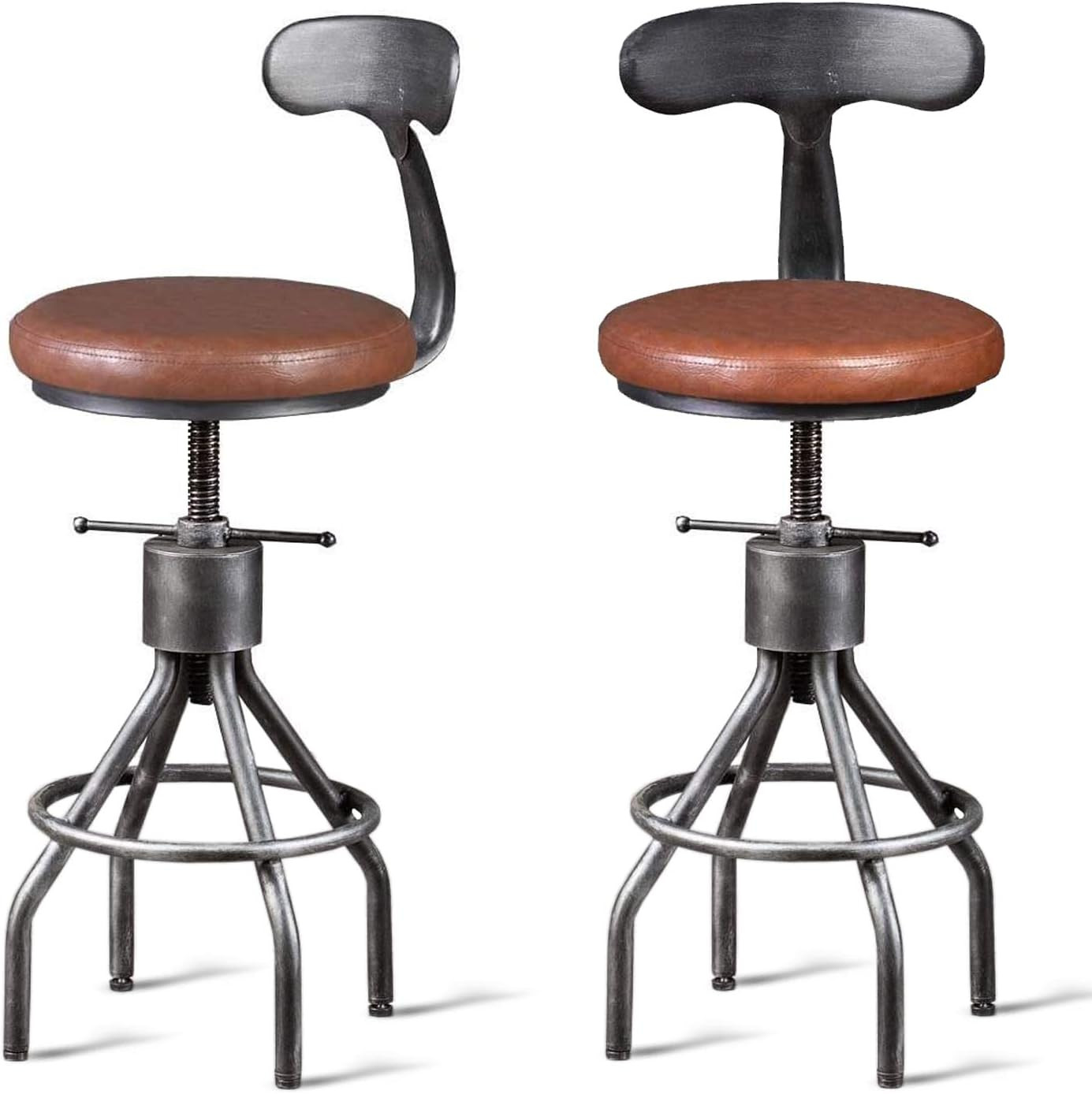 Adjustable Industrial Vintage Bar Stool Set of 2 with Backrest, Silver & Brown