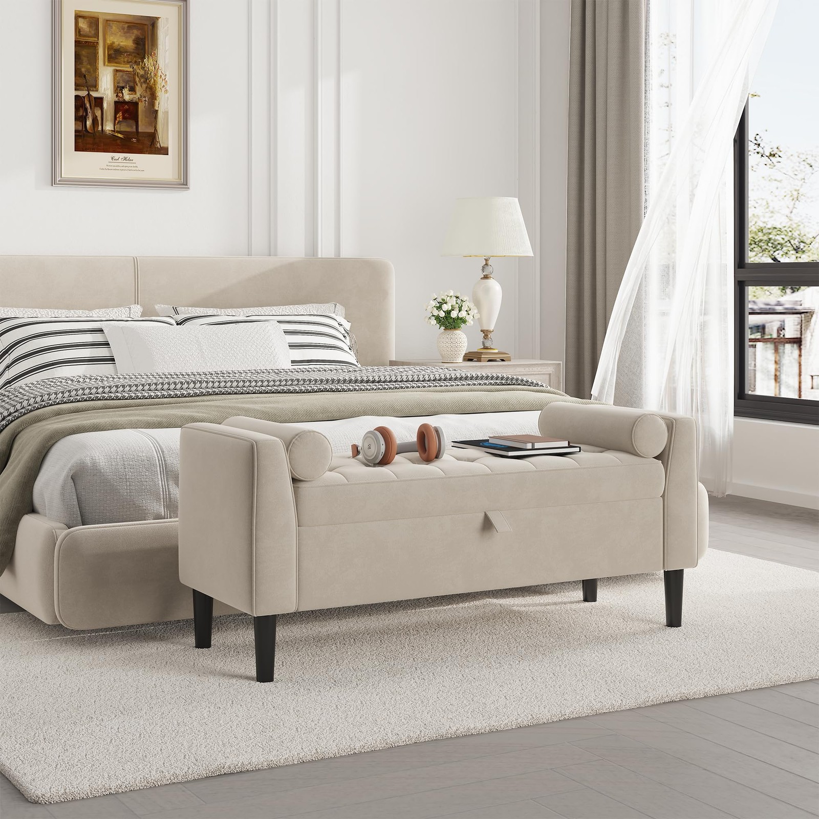 46.5 in Storage Ottoman Bench – Upholstered End-of-Bed Storage Chest with Rol…