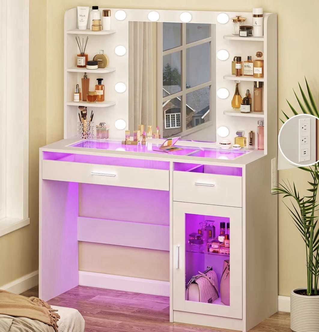 HUAHUU Vanity Desk with Mirror Lights and Drawers White