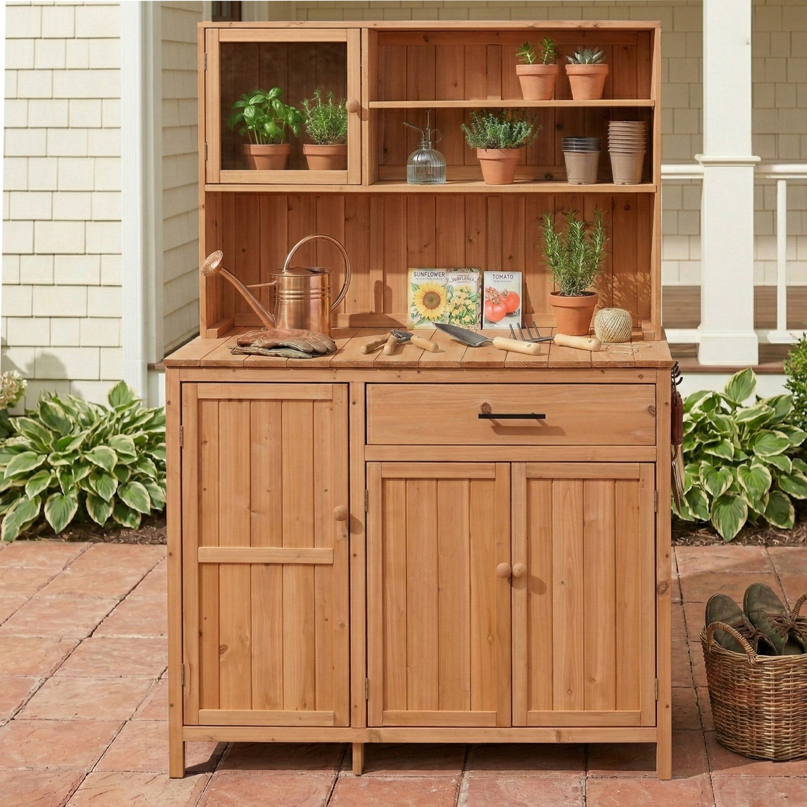 Potting Bench with Hutch, 65″ Solid Fir Wood Garden Workstation, Natural