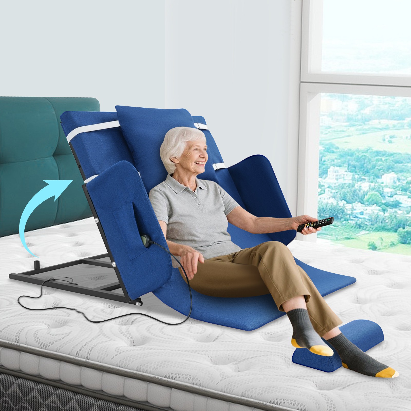 Electric Adjustable Bed Backrest Lift 80° Elderly Support w/ Handrails Blue