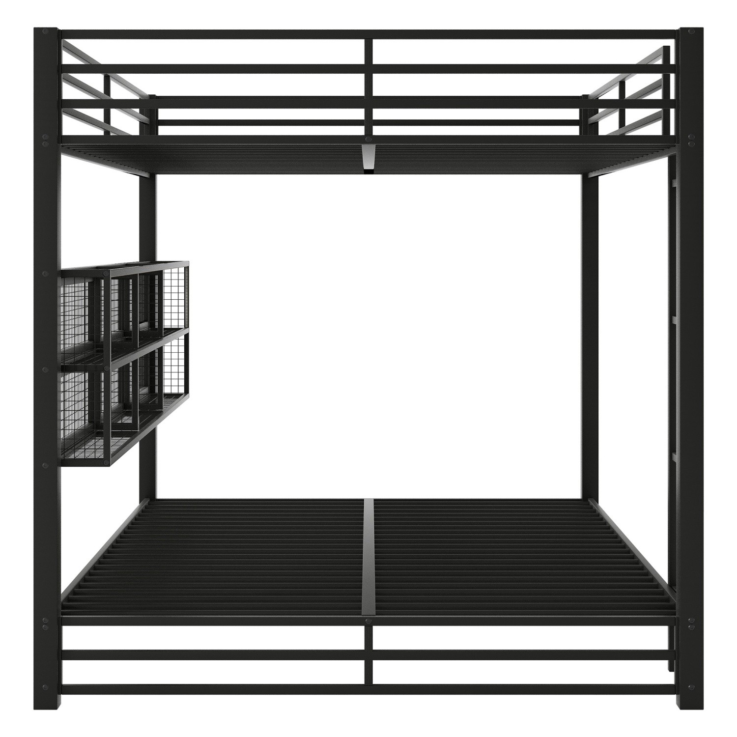 Queen Over Queen Metal Bunk Bed Frame with LED Lights & Storage Cabinets Black