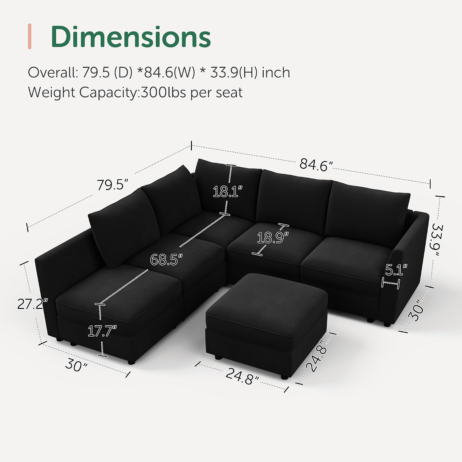 Modular Sectional Couch L Shaped Sofa with Storage,Black | Velvet Pet-Friendly F