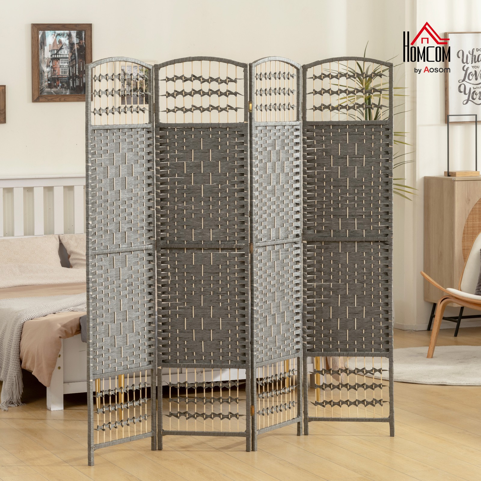 4 Panel Room Divider, Folding Screen, 5.6′, Dark Gray