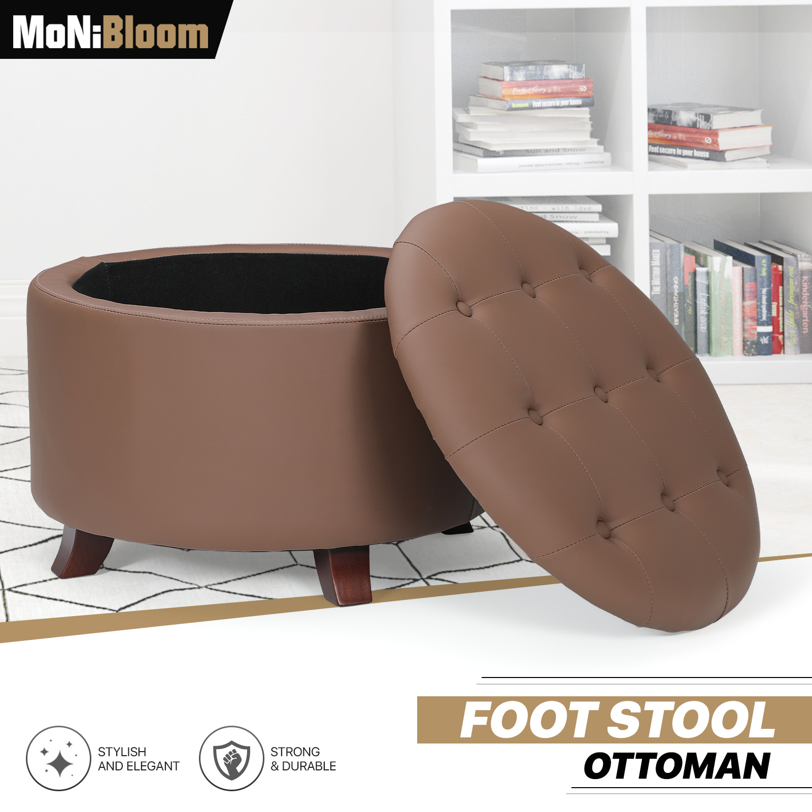 17″Classic Lift Top Storage Ottoman Round Footstool PU Leather Brown w/Wood Legs