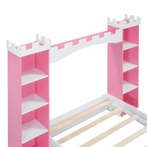 Castle-Shaped Platform Bed with Storage Shelves Both Side Wooden Bed Frames Twin