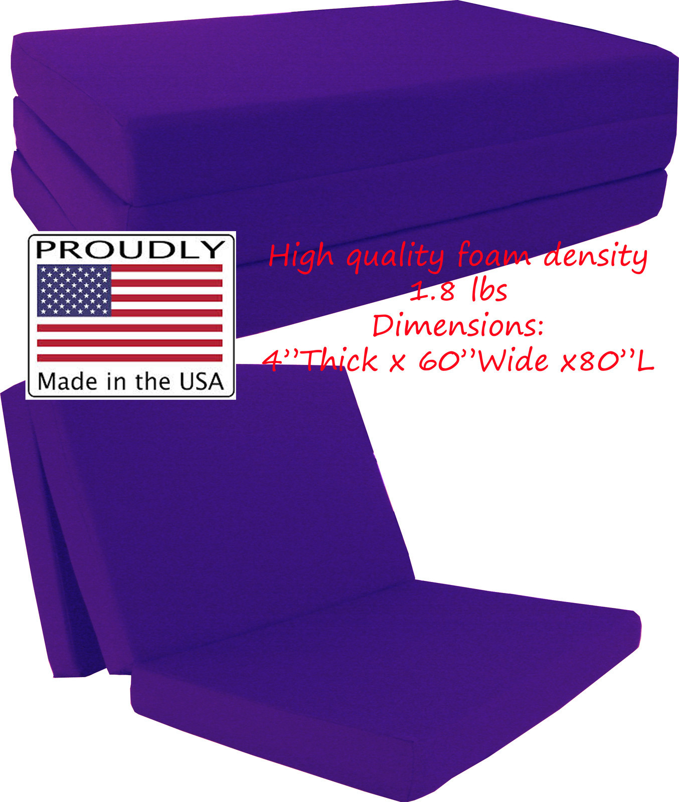 Queen Purple 4 x 60 x 80 Shikibuton Trifold Foam Bed, High Foam Density 1.8 lb