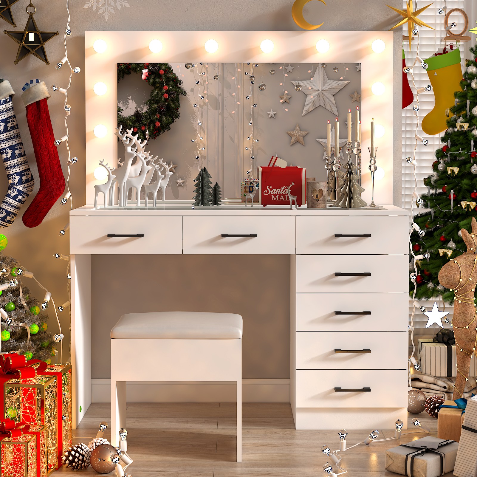 Large Vanity Set Makeup Desk Dressing Dresser Table 7 Drawer with 12 LED Lights