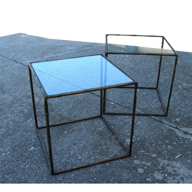 1970s Pair of Side/Drink Tables Cube Metal Faux Bamboo Glass Top