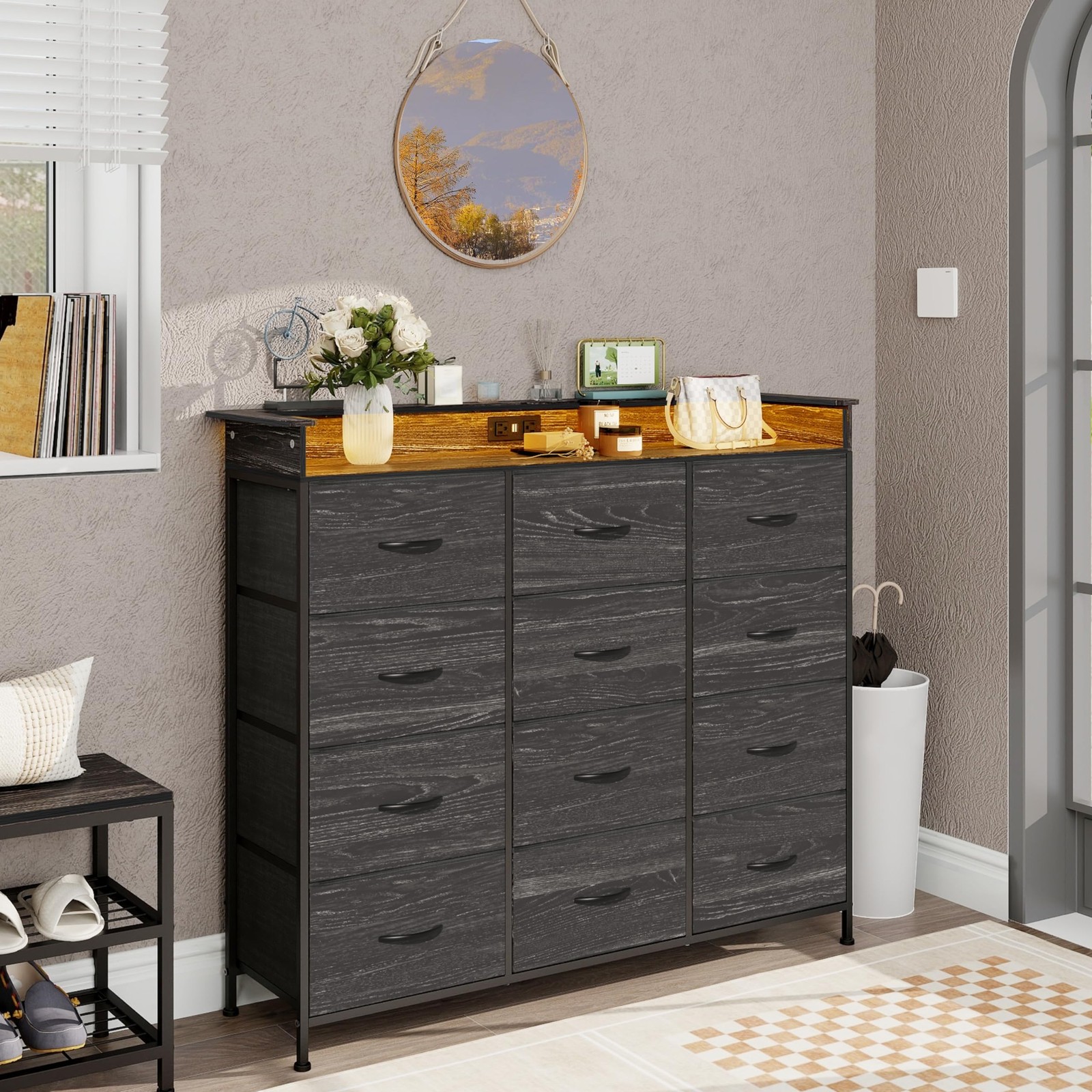 Welfuturer Black Dresser with 49.5″D x 12.5″W x 41.5″H (12 Drawers),
