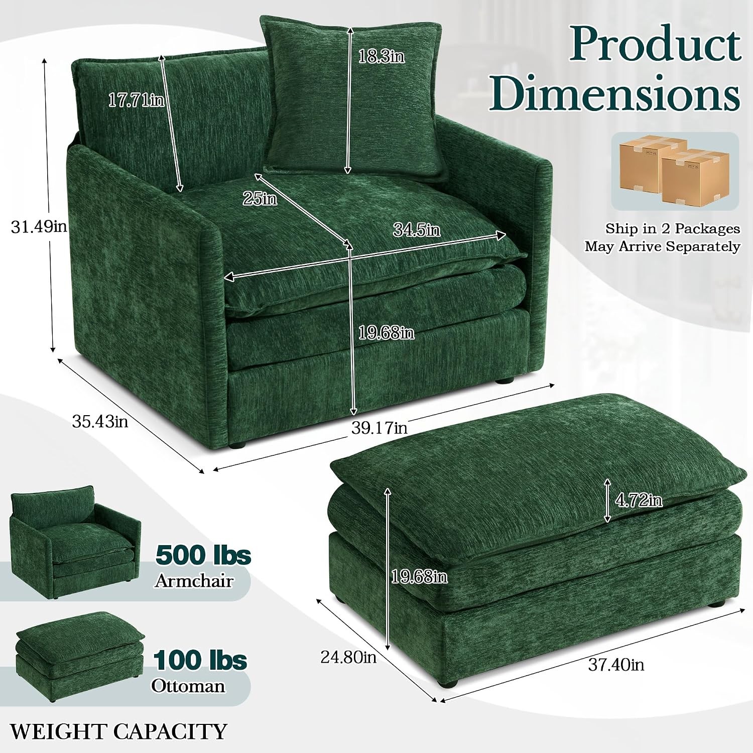 Oversized Chenille Accent Armchair with Ottoman Comfy Lounge Sofa