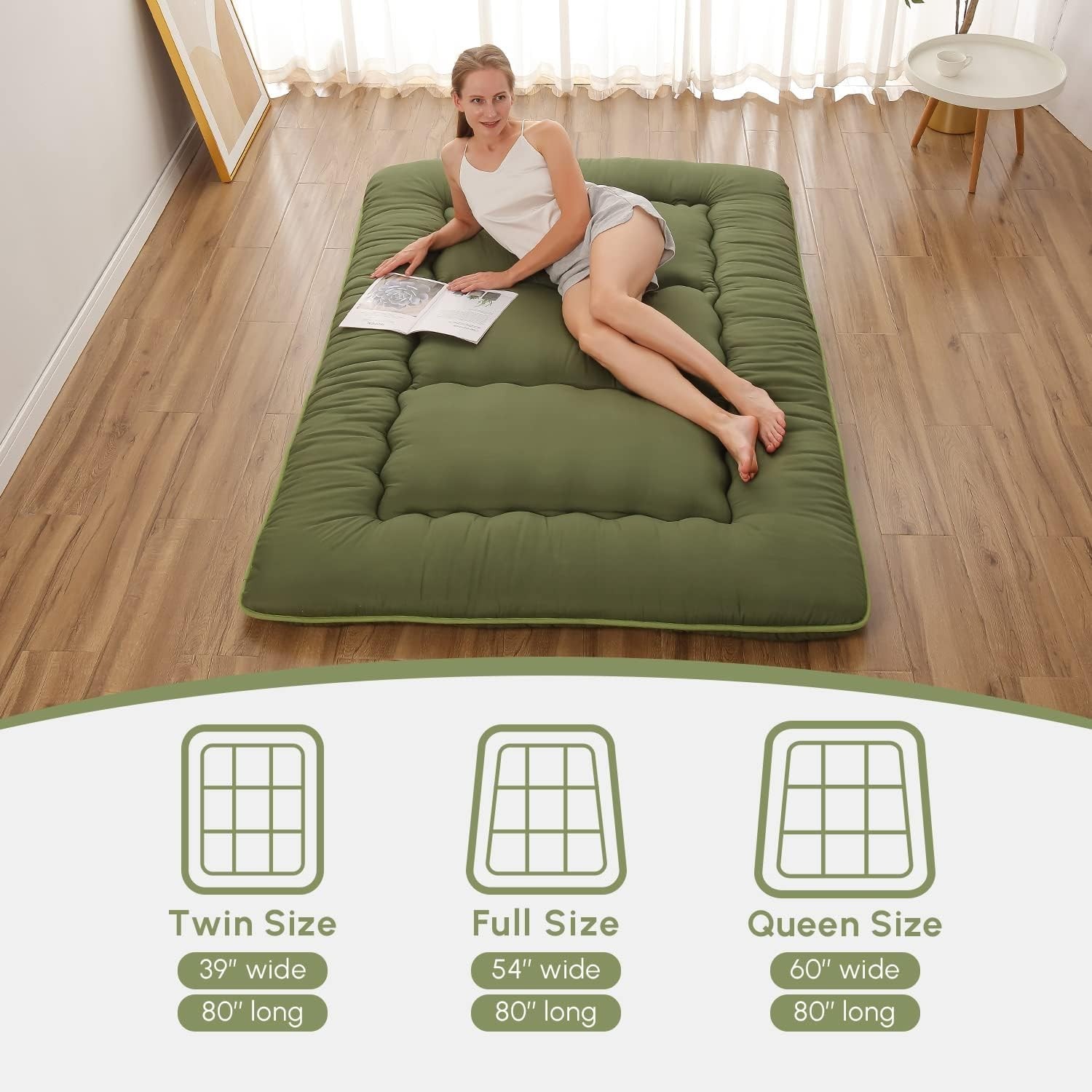 Portable Twin Japanese Futon Mattress – Memory Foam & Washable Cover, Green