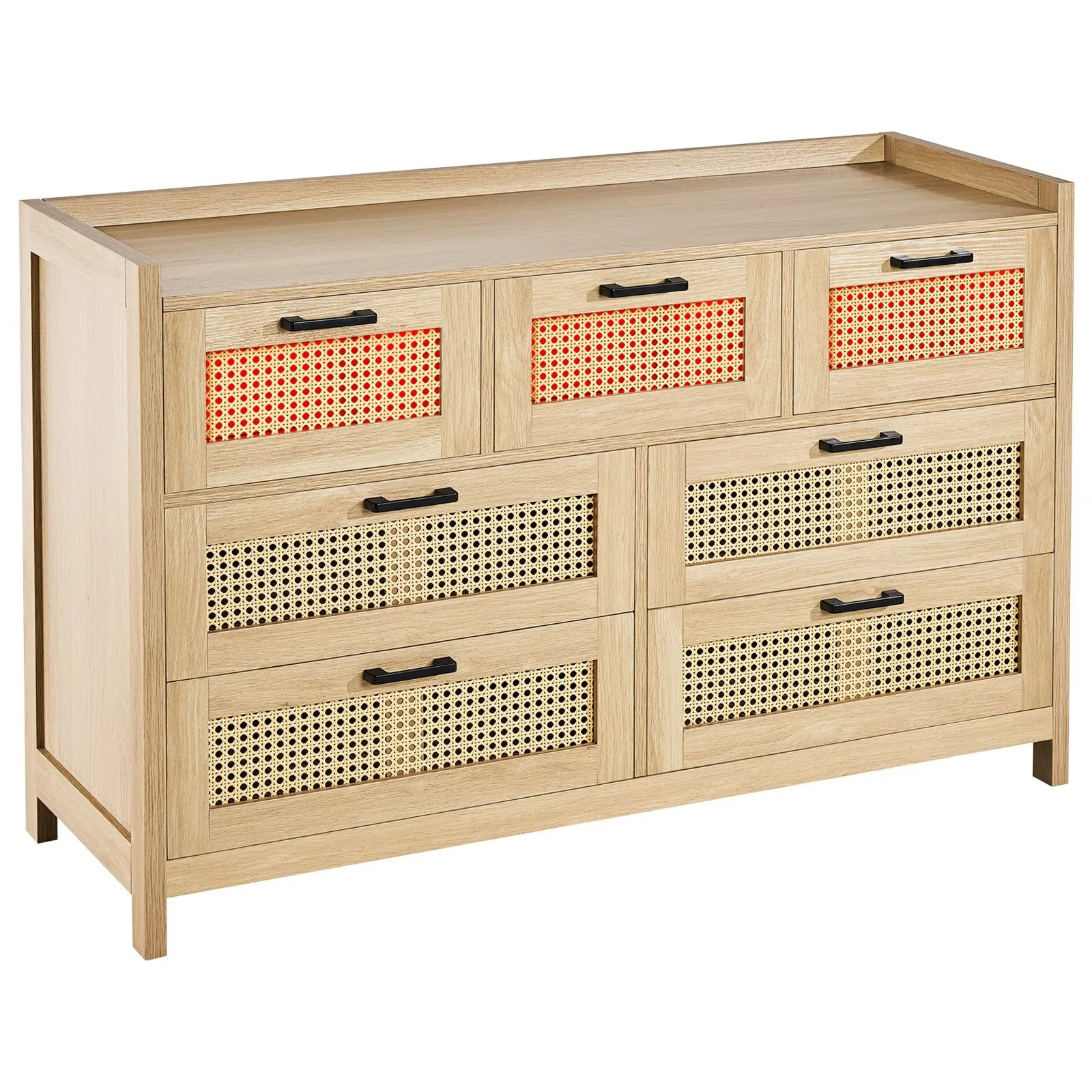 7 Drawer Rattan Dresser, Natural Rattan Wood Dressers with LED Light, Modern Woo