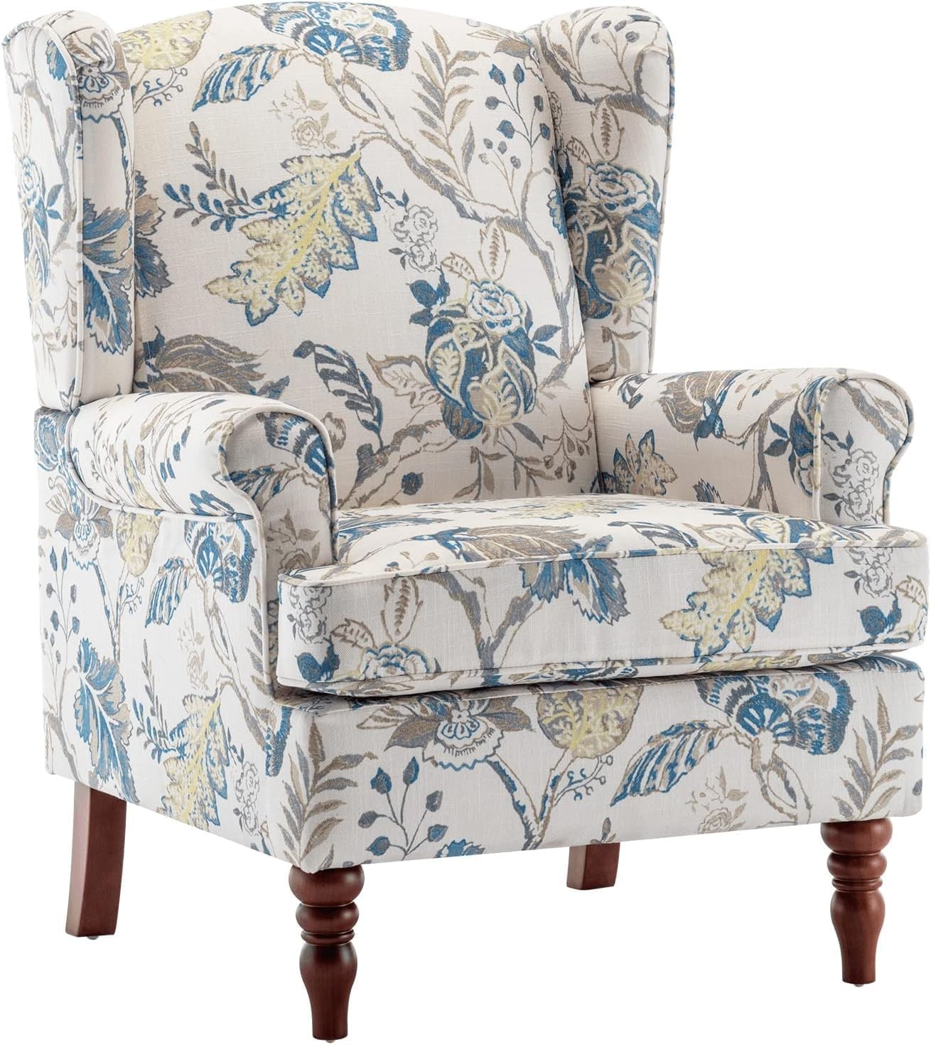 Floral Accent Chair, Comfortable High Back Upholstered Armchair with Solid Wood