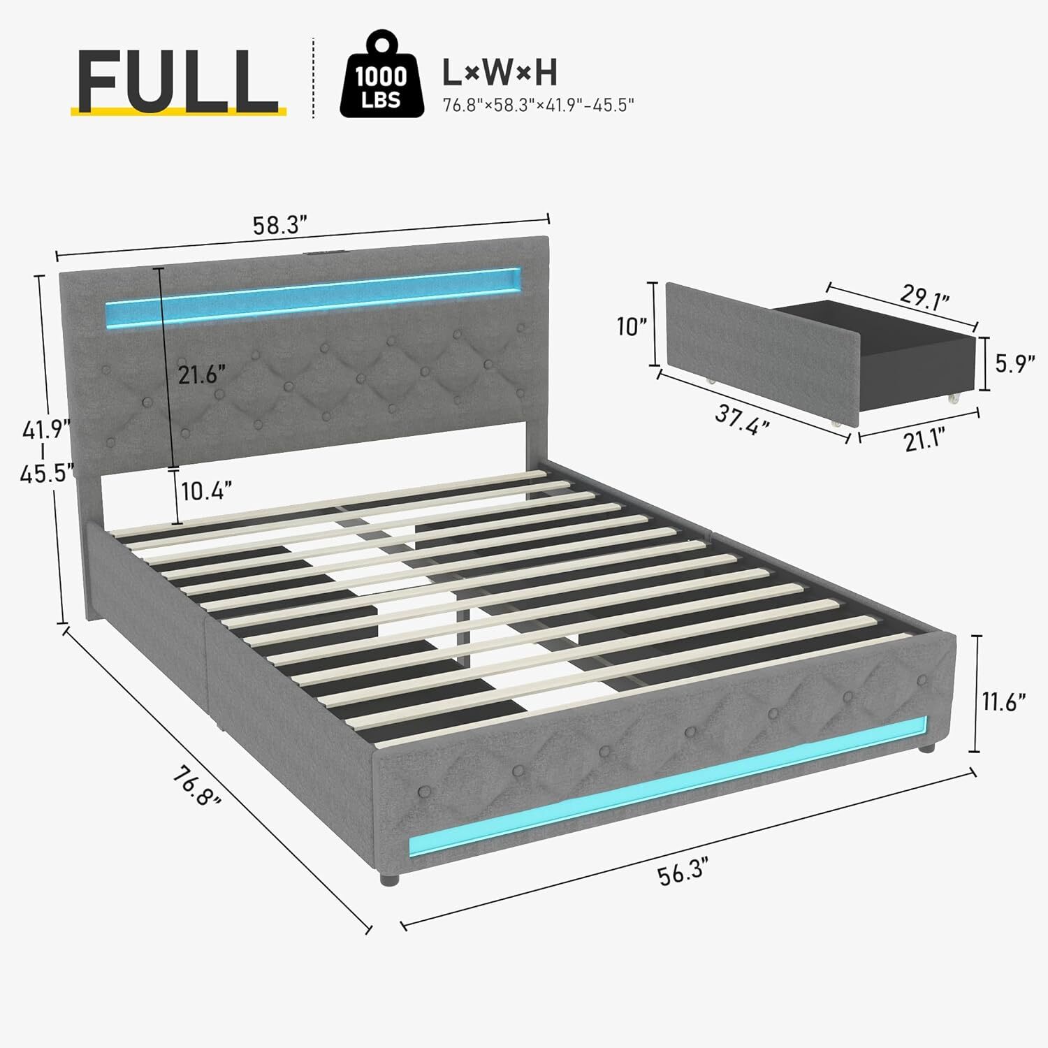 Modern Upholstered Platform Bed Frame with LED Light Storage Headboard 4 Drawer