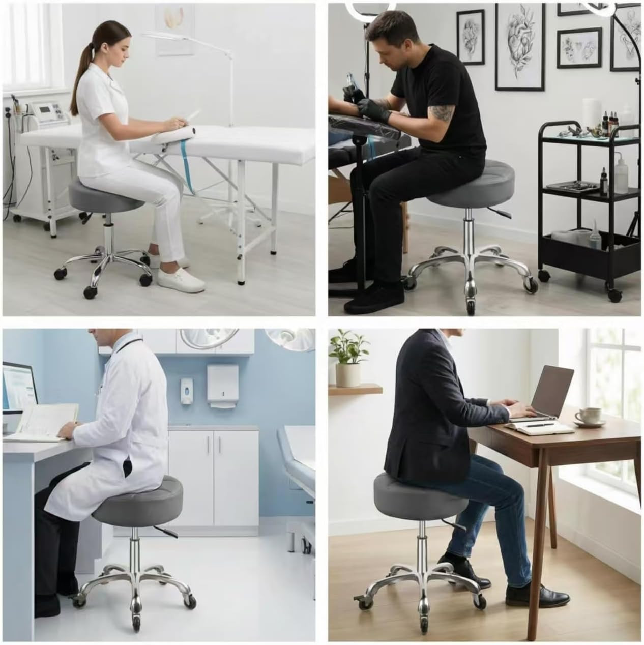 Adjustable Rolling Stool with Wheels, 450Lbs Capacity, 360° Swivel, Grey