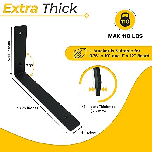 1/4″ Thick Heavy Duty Shelf Brackets, 4 Pack, Max. 110lb, 0.25″Thk 10.25″X6.25″