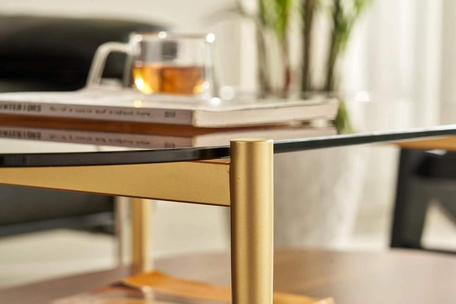 Oval Coffee Table, Mid-Century Modern Design, 2-Tier Structure, Amber Glass Top