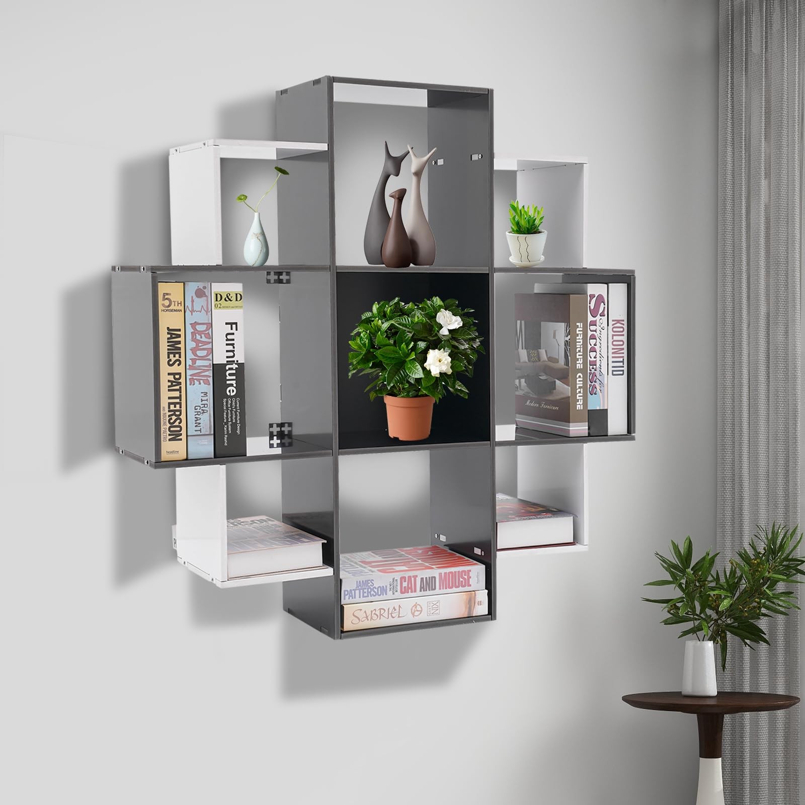3 Tier Wall Mount Shelf 9 Compartments Floating Bookcase Home Office Black White