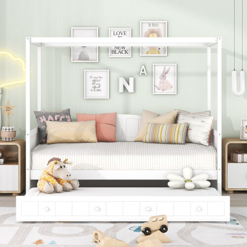 Canopy Platform Bed Solid Wood Daybed with Trundle or Storage Drawers Sofa Beds