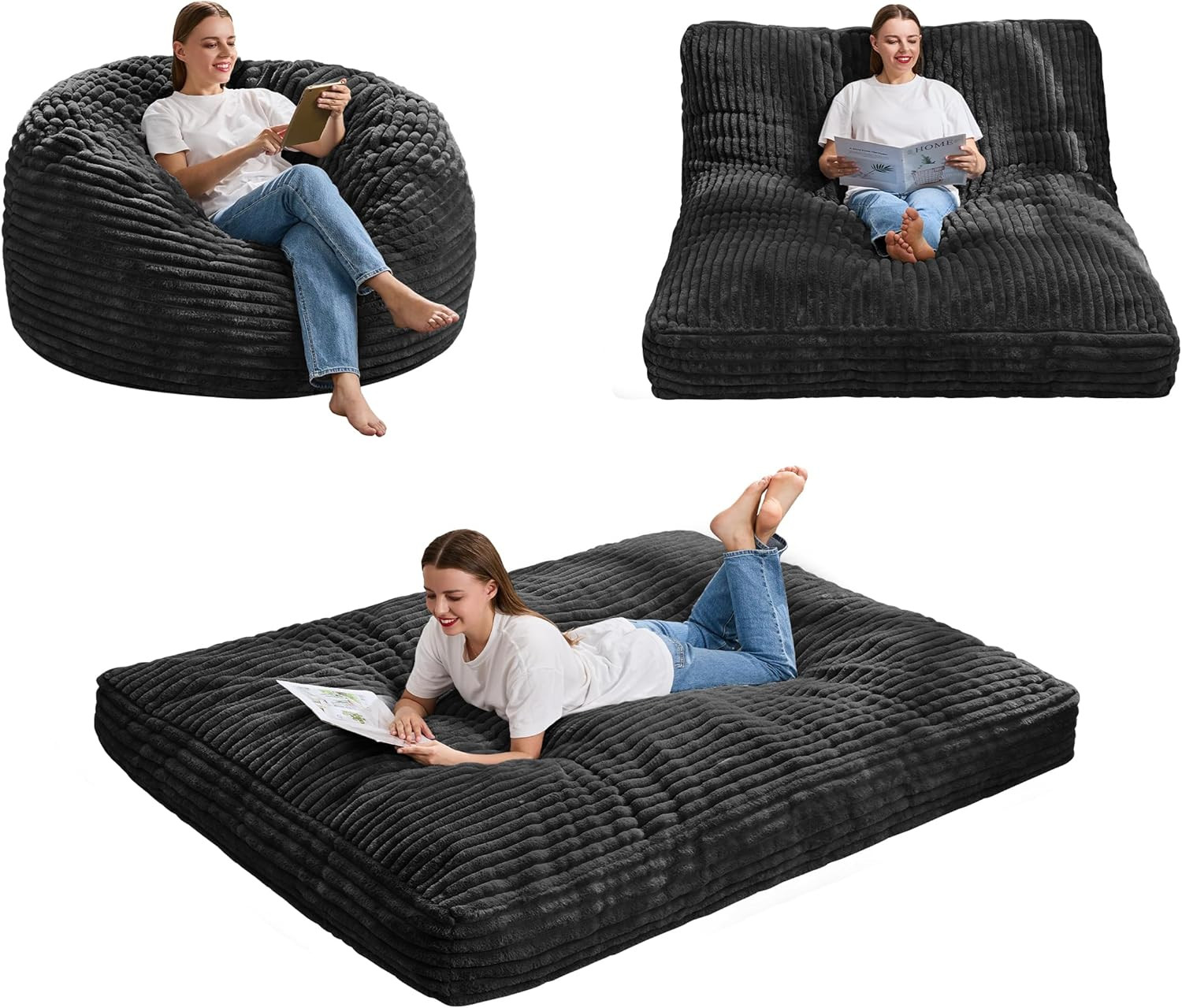 Large Convertible Bean Bag Chair for Adults – Striped Cover, Black Full Size