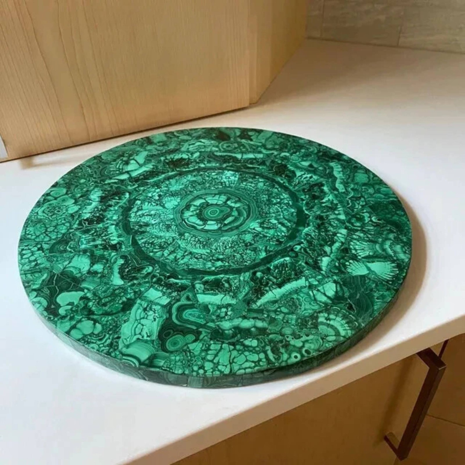 Malachite Gemstone Round Table Top Marble Inlay Mosaic Pattern Handmade Decor