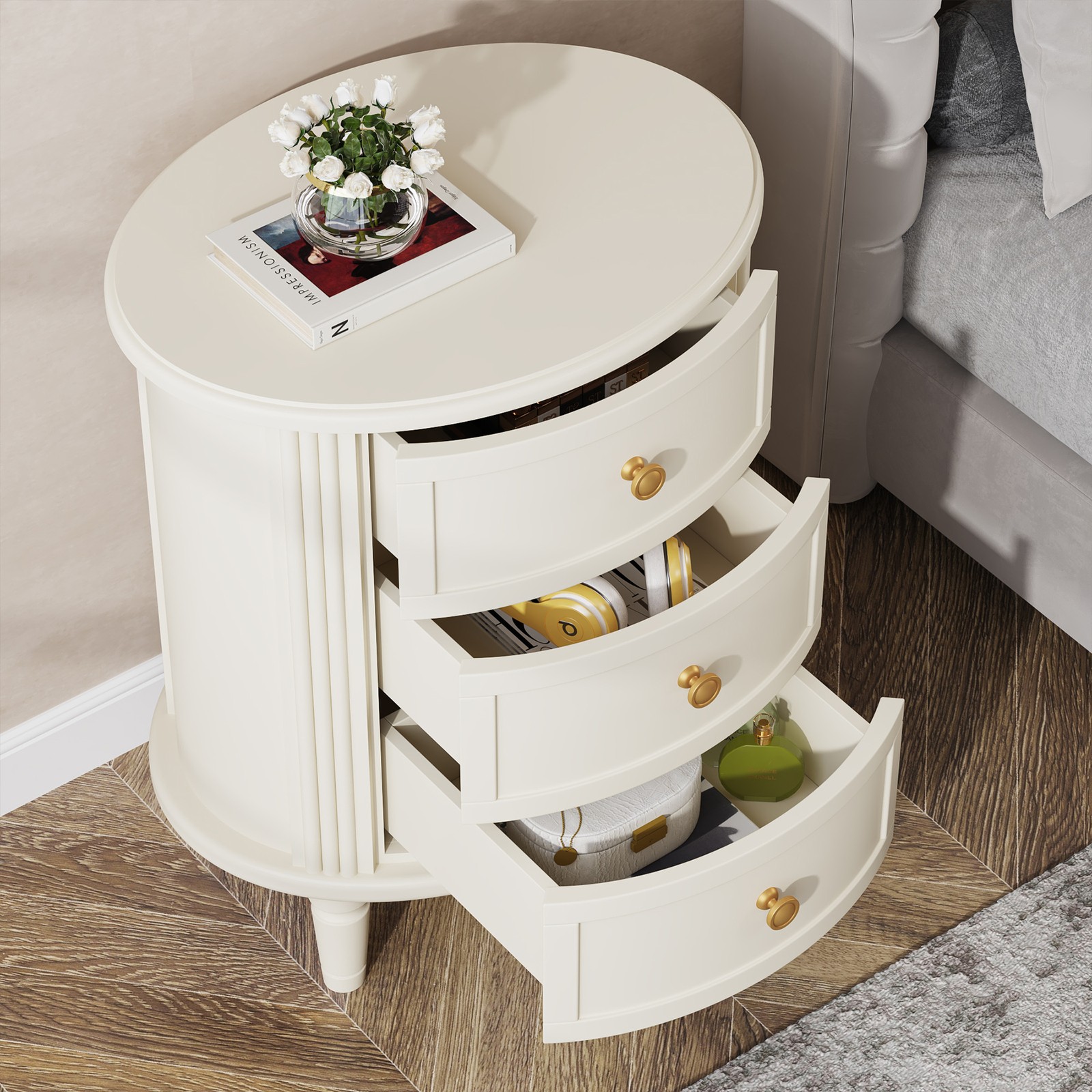 Modern Nightstand with 3 Drawers, White Oval Wooden Side Table, Fully Assembled