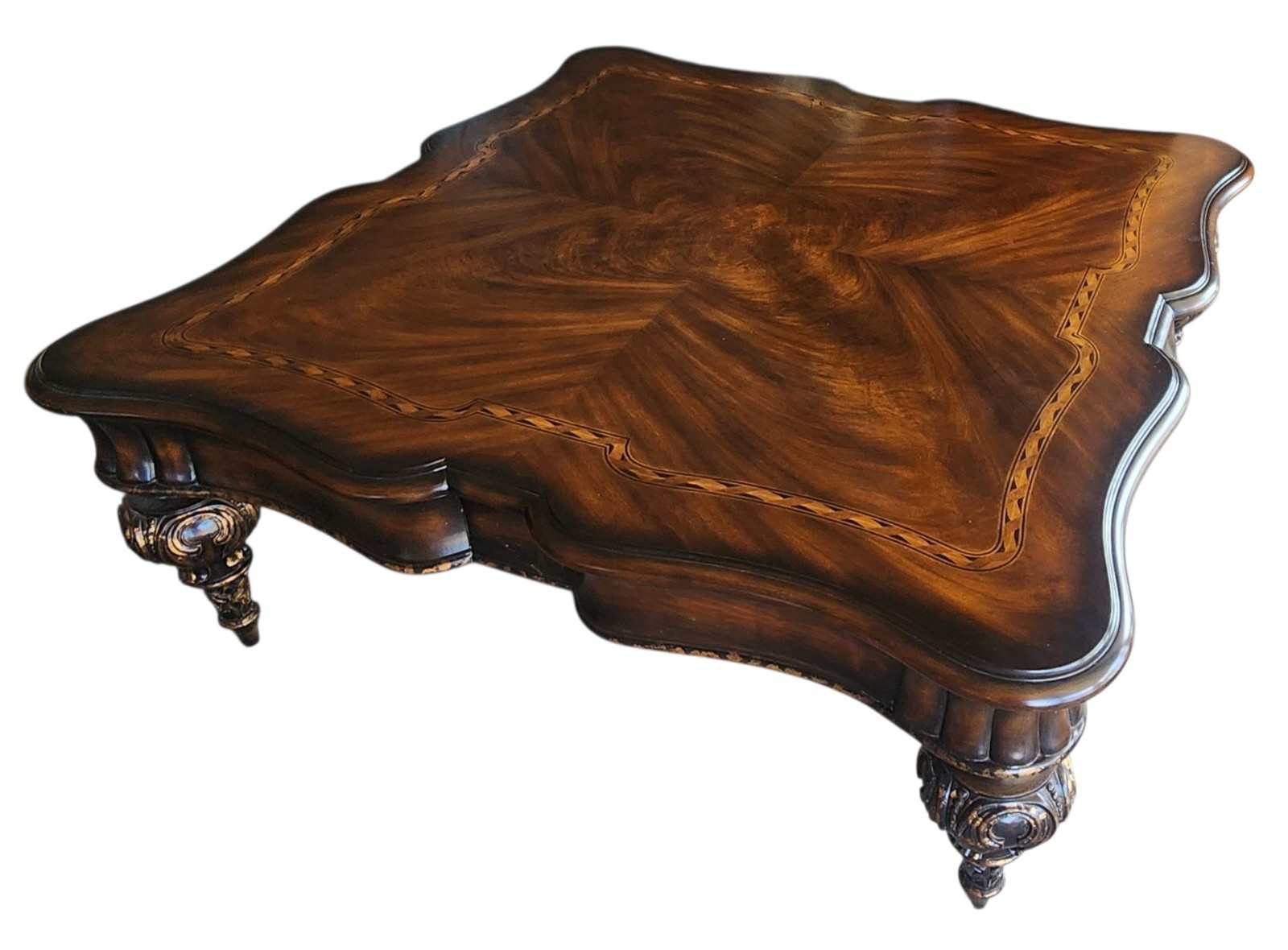 Caracole Square Coffee Table with Inlaid Top & Carved Legs A411-480