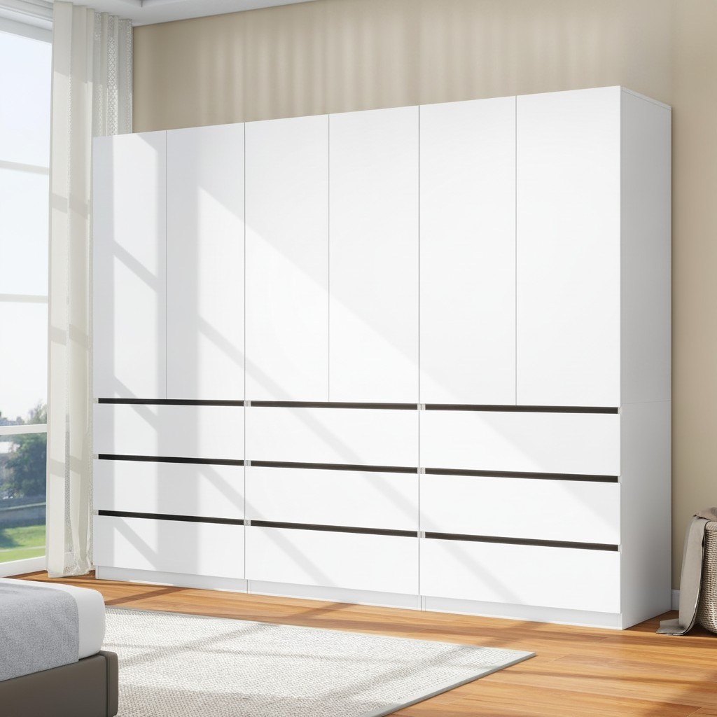 White Bedroom Wardrobe Closet 6 Doors 9 Drawers Modern Storage Cabinet