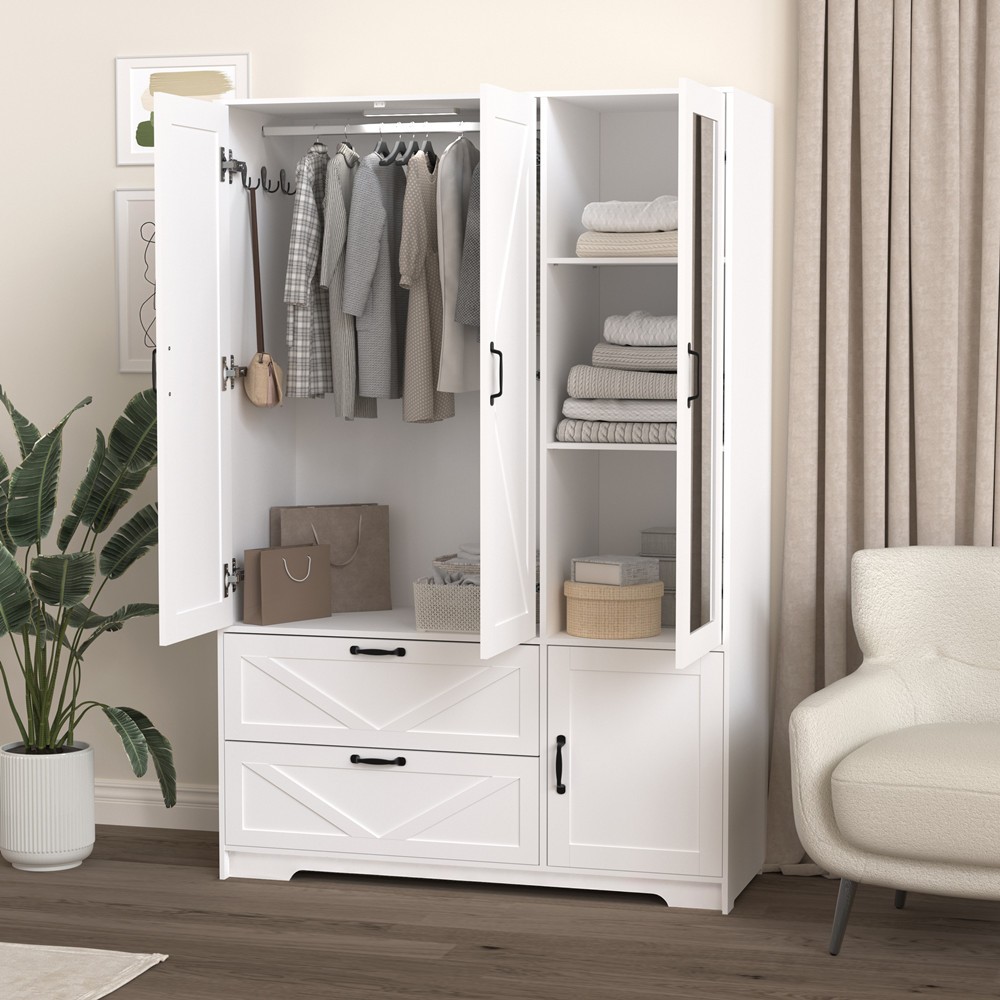 4 Doors Freestanding Wardrobe, Mirror Armoire Closet Storage Cabinet, 2 Drawers